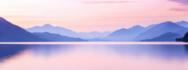 Wall Mural - Serene mountain lake at sunset, with soft pink and purple hues reflecting on the calm water, framed by distant mountain ranges under a pastel sky.
