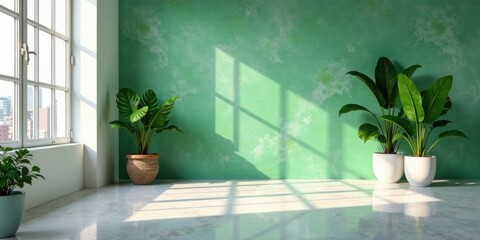 Aufkleber - Sunlit Interior Scene with Lush Greenery and a Textured Green Wall