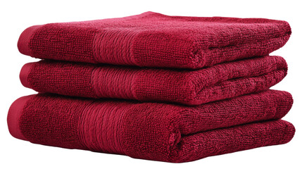 Stack of three red terry towels on transparent background