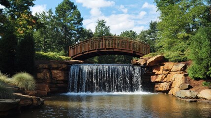 Poster - Serene Waterfall and Bridge Landscape