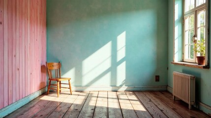 Poster - Sunlight streams into a room with pale walls and wooden floors, illuminating a simple wooden chair