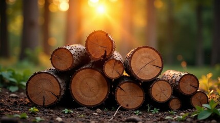 Aufkleber - Golden Hour Lumber Stack in a Forest Setting