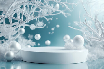 Wall Mural - photographing winter-themed for cosmetic products empty podium