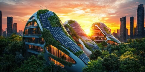 Wall Mural - Futuristic green buildings with solar panels at sunset