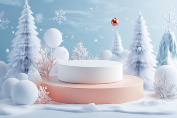 Wall Mural - photographing winter-themed for cosmetic products empty podium