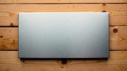 Aufkleber - A Smooth Metal Panel Against a Rustic Wooden Background, Ideal for Mockups and Presentations