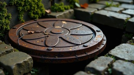 Fototapete - Rustic Metal Cover Embedded in Stone Pathway, Showing Signs of Age and Weathering