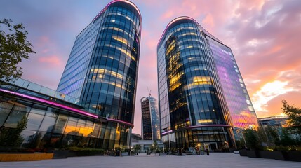 Wall Mural - Futuristic Glass Skyscrapers with Illuminating LED Lights in the Urban Skyline at Sunset