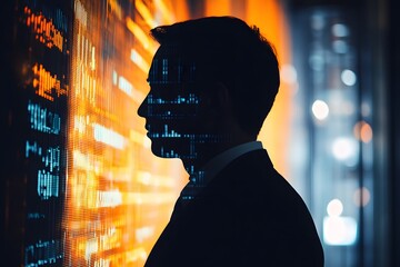 Poster - Businessman Silhouette Analyzing Data Visualization in Modern Office