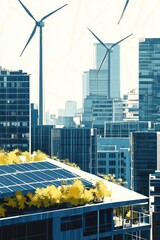 Wall Mural - Sustainable urban cityscape with wind turbines and solar panels