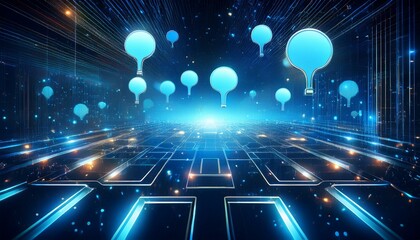Wall Mural - digital abstract background featuring floating question marks and glowing blue orbs in a futuristic 