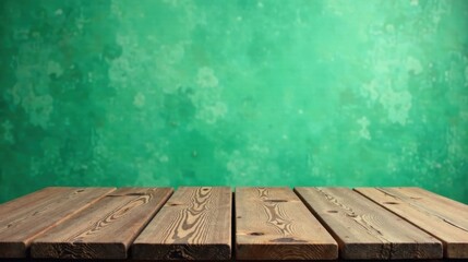Poster - Rustic Wooden Tabletop Against a Soft Green Textured Background, Ideal for Product Displays and Culinary Still Life Photography