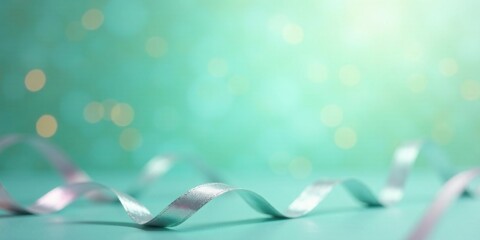 Poster - Elegant Silver Ribbon Curving Gracefully on a Soft Teal Background with a Dreamy, Blurred Bokeh Effect
