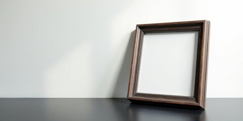 Poster - A dark brown wooden picture frame rests on a sleek, dark surface against a minimalist, light-colored backdrop, offering a clean, simple aesthetic for design projects.