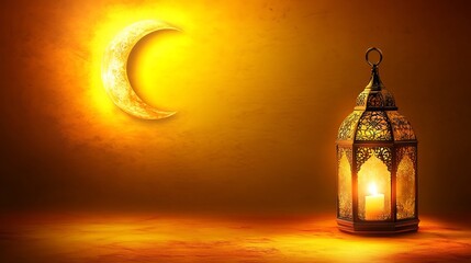 Wall Mural - Elegant ramadan kareem islamic greeting background featuring traditional lantern and crescent moon on a soft golden glow, perfect for festive celebrations, spiritual designs, and holiday invitations w