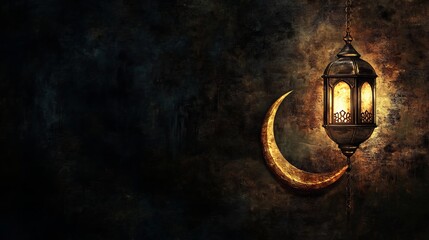 Wall Mural - Elegant ramadan kareem islamic greeting background featuring traditional lantern and crescent moon on a soft golden glow, perfect for festive celebrations, spiritual designs, and holiday invitations w