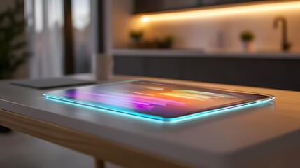 Wall Mural - transparent,foldable digital screen on modern table displaying vibrant text and images
