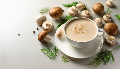 cup of creamy mushroom latte surrounded by fresh herbs spices and mushrooms on a light background