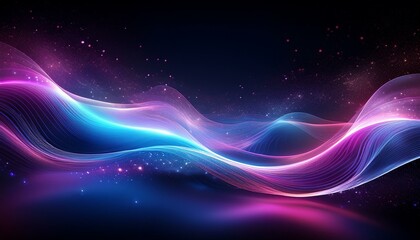 Wall Mural - vibrant waves of glowing blue purple and pink light on a black background with sparkling stars creat