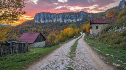 Poster - Autumnal Serenity: Stone Road Winding Through Colorful Hills