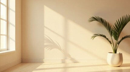 Aufkleber - Serene Minimalist Interior Design with Sunlight Streaming Through Window and Palm Plant in a Simple Pot