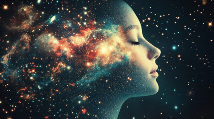 Wall Mural - cosmic consciousness: a serene female profile merges with a vibrant nebula, symbolizing the boundles