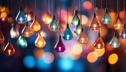 Wall Mural - hanging glass pendants with colorful blurred lights in a modern abstract background creating an eleg