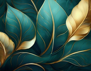 Wall Mural - abstract teal and gold leaf pattern background with soft glowing light effects