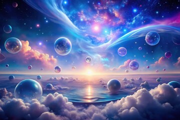 Wall Mural - A Serene Dreamscape Celestial Bodies Float Above a Tranquil Ocean of Clouds at Sunrise