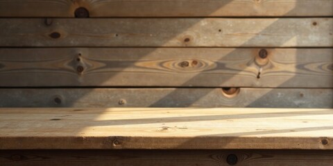 Aufkleber - Sunlit Wooden Tabletop Against Rustic Plank Backdrop, Perfect for Product Display or Rustic Background Designs