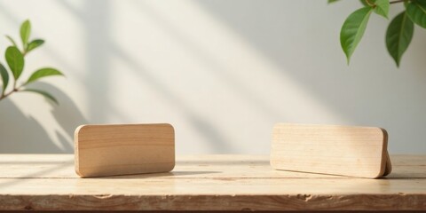 Poster - Two Blank Wooden Signs Resting on a Light Wood Tabletop in Soft Sunlight