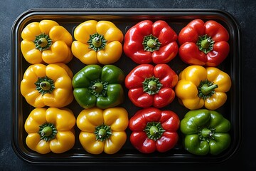 Wall Mural - Colorful peppers arranged on a tray creating a vibrant and healthy visual feast Fresh bell peppers in red yellow and green