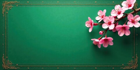 Aufkleber - Elegant Green Background with Delicate Pink Blossoms and Ornate Frame