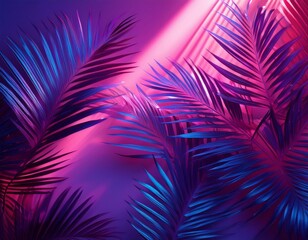Wall Mural - light and shadow on purple and pink background with palm leaves ai generation