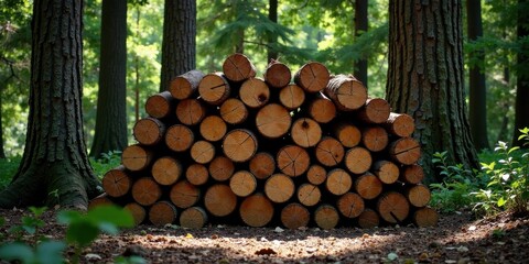 Aufkleber - A neatly stacked pile of logs rests in a sun-dappled forest clearing, surrounded by the towering trunks of mature trees.