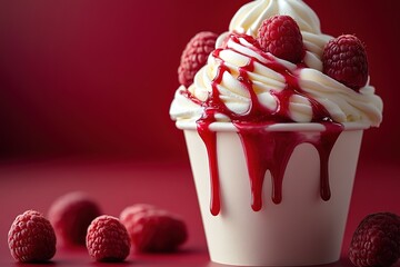 Wall Mural - Raspberry Delight: Creamy dessert with fresh raspberries and sweet sauce Indulge in this fruity treat!