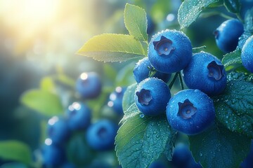 Wall Mural - A close-up of ripe blueberries on a bush glistening with morning dew and illuminated by sunlight highlighting their vibrant color and freshness