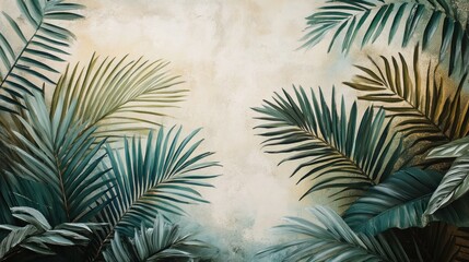 Wall Mural - Serene Tropical Palm Leaves Against a Textured Beige Background