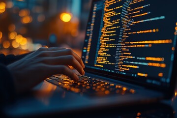 Coding at night: hands type on a laptop with lines of glowing code filling the screen lights blurring in the background