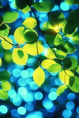 Poster - Dreamy Blue Background With Bokeh And Translucent Green Leaves, Abstract Natural Pattern