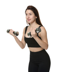 Wall Mural - Woman in sportswear exercising with dumbbells on white background