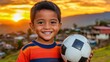 © 海翰 章 - Happy Brazilian boy holding a soccer ball in a favela at sunset, capturing the spirit of youth, resilience, and community in an urban setting.