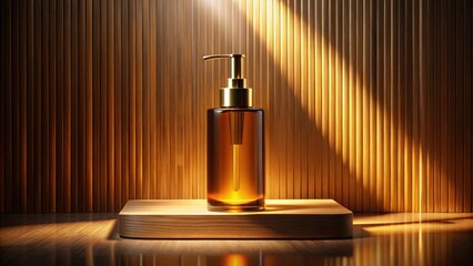 Wall Mural - Amber bottle with gold pump dispenser on wooden surface against slatted background