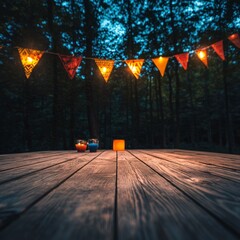 Wall Mural - Rustic Wooden Table with String Lights in a Dark Forest at Night