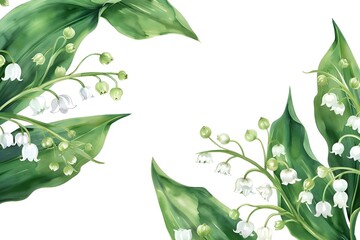Aufkleber - on the right is a botanical watercolor illustration with lilies of the valley with white flowers and green leaves on a white background with free space for text insertion