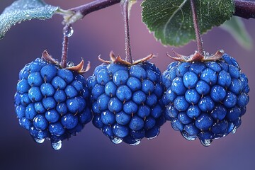 Wall Mural - Vibrant blue berries glisten with water droplets on a branch macro shot evoking a sense of freshness and natural beauty