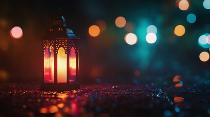 Wall Mural - glowing ramadan lantern with colorful lights at night, sparkling bokeh on ground creating a warm fes