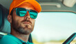 © pawimon - Driving man with sunglasses and orange cap, focused and confident