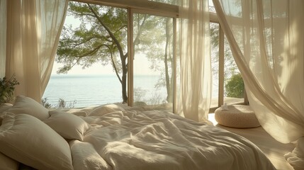 Wall Mural - A dreamy coastal bedroom with soft linen bedding, sheer curtains, and a view of the sea.