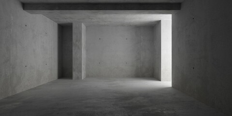 Poster - Abstract empty, modern concrete room with light shining in from doorway at the right, pillars and beams and rough floor - industrial interior background template